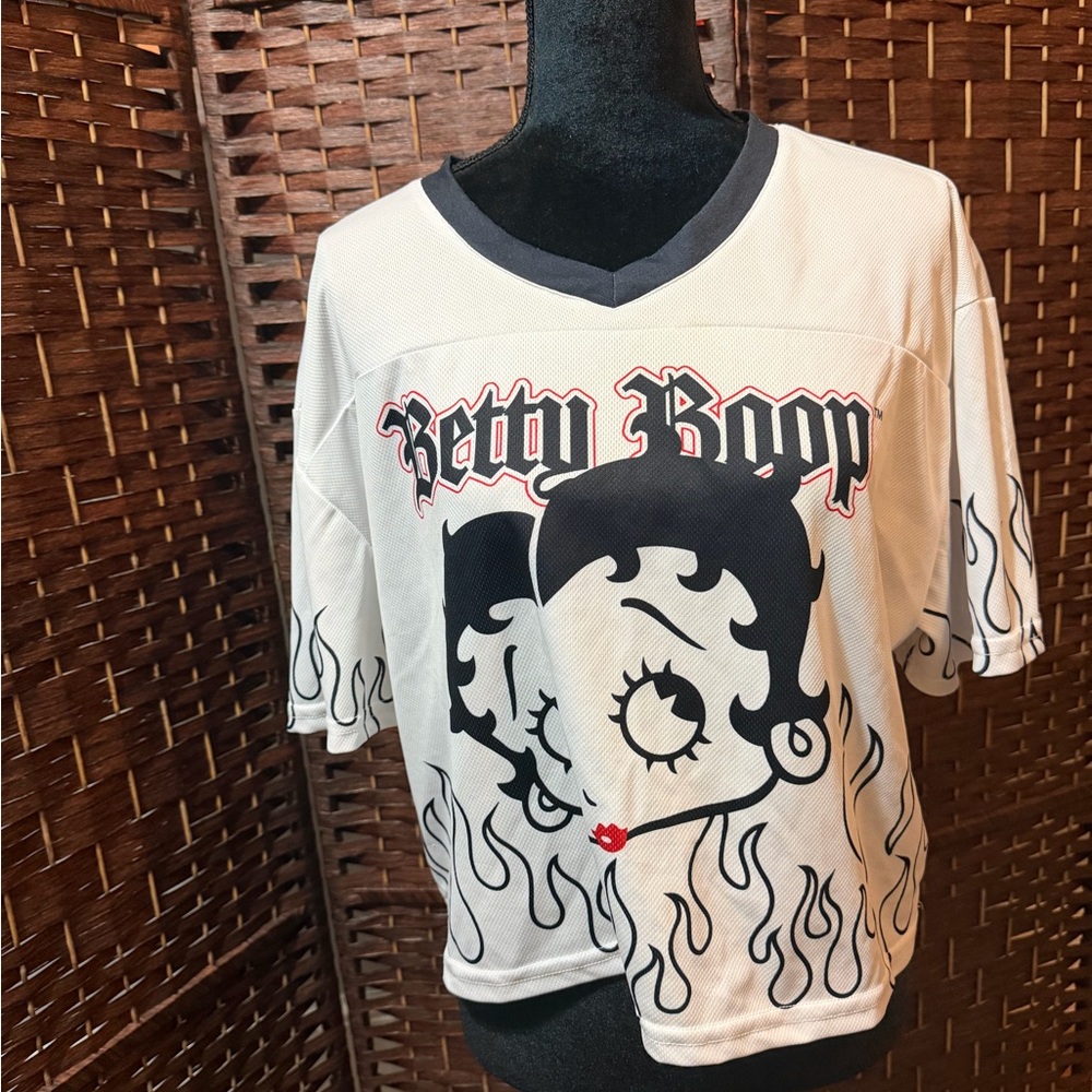 Betty Boop White Jersey with Black Flame Graphics and Red Lip Accent